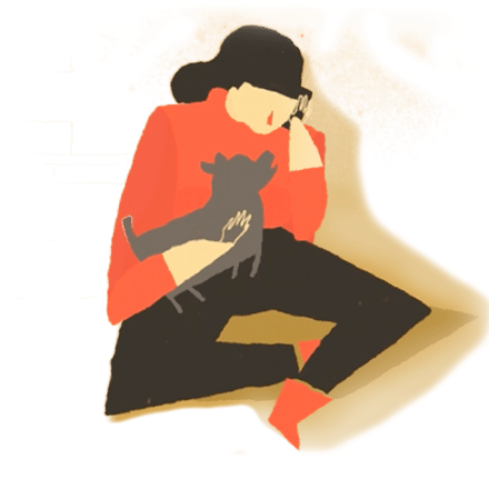 Illustration of a women on the phone while holding a dog